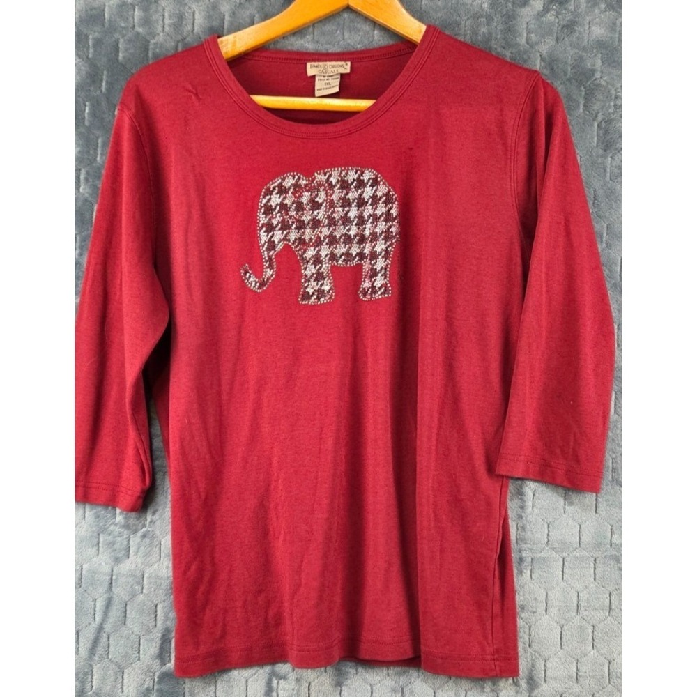 Isaac's Designs Casuals Women's Size 1XL Red Elephant Bedazzled 3/4 Sleeve Shirt